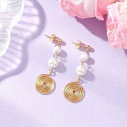 Золотой Серьги-гвоздики из стекла с жемчугом, круглая с вихревой спиралью, с экологически чистой медной проволокой, золотые, 51x16 мм