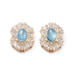 Настоящее золото 18K Латунные светло-голубые стеклянные овальные многорядные звенья, с четким кубического циркония, без никеля , реальный 18 k позолоченный, 16x12x8 мм, отверстие : 1.8 мм