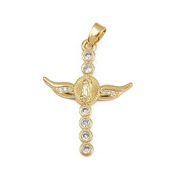 Настоящее золото 18K Латунные микро проложить кубического циркония подвески, крест с девственной мари, стойки покрытие, долговечный, без свинца и без кадмия, реальный 18 k позолоченный, 34x25x3 мм, отверстие : 4x2.5 мм