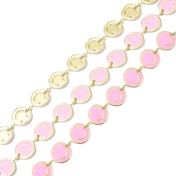 Pink Gliederkette aus Messing & Emaille, mit Spule, langlebig überzogen, flach rund mit lächelnden Gesicht, ungeschweißte, rosa, 8x1 mm, ca. 10.93 Yards (10 m)/Rolle