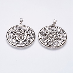 Antique Silver Tibetan Style Alloy Pendants, Flat Round with Flower, Antique Silver, 39x36x5mm, Hole: 4.5x5mm