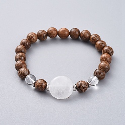 Quarzkristall Unisex Holzperlen Stretch Armbänder, mit natürlichen Quarzkristallperlen, Abstandhalter aus platiniertem Messing, 2-3/8 Zoll (5.9 cm)