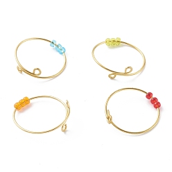Mixed Color Adjustable Brass Cuff Rings, Fidget Rings, Anxiety Bead Rings, with Round Glass Beads, Golden, Mixed Color, US Size 10 1/2(20.1mm)