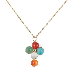 Golden Natural & Synthetic Mixed Gemstone Cross Pendant Necklace with Copper Chains, Golden, 17.52 inch(44.5cm)