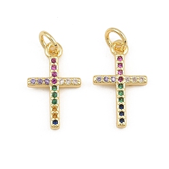 Colorful Brass Micro Pave Cubic Zirconia Pendants, Cross Charms, Cadmium Free & Lead Free, Golden, Colorful, 17x10x2mm, Hole: 3mm
