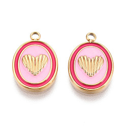 Бледно-Розовый 304 нержавеющей стальной эмали подвески, овальные с сердцем, ионное покрытие (ip), реальный 18 k позолоченный, розовый жемчуг, 15x10x2 мм, отверстие : 1.6 мм