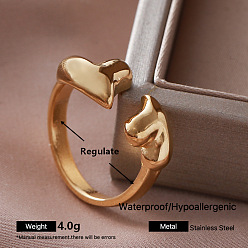 Oro 304 Anillos abiertos de acero inoxidable para mujer., corazón, dorado, ajustable