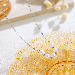 Stainless Steel Color Imitation Pearl Round Beaded Pendant 201 Stainless Steel Dapped Chain Necklaces for Women, White, Stainless Steel Color, 16.14 inch(41cm)