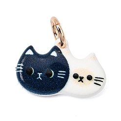 Black Printed Brass Pendants, Double Cat Shape Charms, Golden, Black, 11x16.5x2.5mm, Hole: 4mm