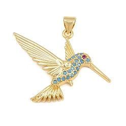Real 18K Gold Plated Brass Micro Pave Colorful Cubic Zirconia Pendants, Hummingbird Charms, Real 18K Gold Plated, 27x35.5x4.5mm, Hole: 4x3mm