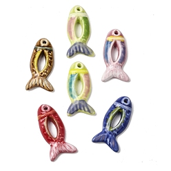 Mixed Color Hand-Painted Porcelain Big Pendants, Fish Charms, Mixed Color, 65.5~66.5x32~32.5x11mm, Hole: 3.5~4mm