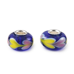 Medium Blue Lampwork & Brass Core European Beads, Large Hole Beads, Rondelle with heart, Medium Blue, 15x7.5mm, Hole: 4mm