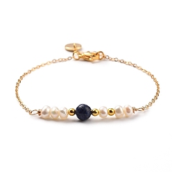 Lapis Lazuli Natural Lapis Lazuli(Dyed) Beaded Bracelets, with Natural Pearl Beads, Brass Cable Chains & Beads & Charms, 304 Stainless Steel Lobster Claw Clasps, 7-1/4 inch~7-1/2 inch(18.5~19cm)