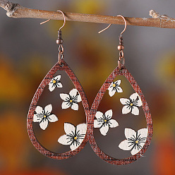 Teardrop Деревянные болтаться серьги, Красная медь, слеза, 70x31 мм