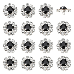 Черный 24 шт. 1-отверстие кнопки из цинкового сплава, со стразами, цветок, серебряные, чёрные, 16x9 мм, отверстие : 1.4 мм
