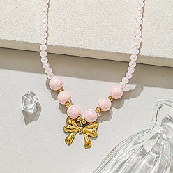 Bowknot Summer Beach 304 Stainless Steel Pendant Plastic Round Beaded Necklaces for Women, Real 18K Gold Plated, Pink, Bowknot, 15.75 inch(40cm)