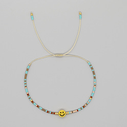 Бирюза Браслеты из бисера со стеклянными бусинами в виде улыбающегося лица для женщин., регулируемые браслеты шнур, бирюзовые