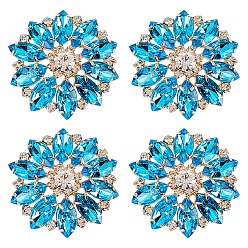 Bleu Ciel Foncé 4 boutons à tige en alliage, verre et strass, 1-trou, fleur, bleu profond du ciel, 39x40x16.5mm, Trou: 5x4mm