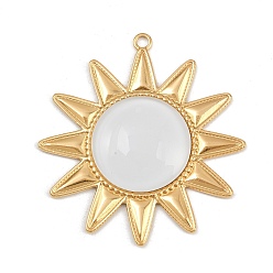 Белый 304 подвески из нержавеющей стали, солнце, с стеклянного шарика, вакуумное покрытие pvd, реальный 18 k позолоченный, белые, 56x52x7 мм, отверстие : 2.5 мм