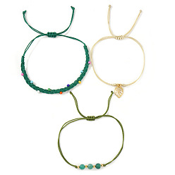 Mixed Color Summer Beach Style Adjustable Natural Green Onyx Agate(Dyed & Heated) Round Beaded Bracelet Set, Stainless Steel Leaf Charm Adjustable Stackable Bracelets, Golden, Mixed Color, 11.02 inch(28cm), 3pcs/set