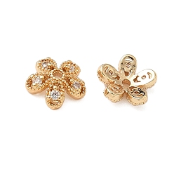 Настоящее золото 18K Колпачки для бусин из прозрачного кубического циркония из латуни, цветок, реальный 18 k позолоченный, 7.5x8.5x2.5 мм, отверстие : 1 мм