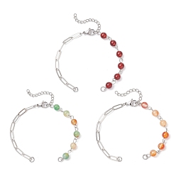 Платина 3 шт. 3 стили: круглый, окрашенный натуральный красный агат, павлинье-зеленый агат, сердолик и латунный браслет-скрепка, с 304 концевыми цепями из нержавеющей стали, платина, 6-3/4 дюйм (17.2 см)