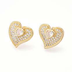 Настоящее золото 16K Серьги-гвоздики из латуни в форме сердца с прозрачным фианитом и паве, реальный 16 k позолоченный, 17.5x18.5 мм