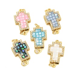 Mixed Color Rack Plating Brass Micro Pave Cubic Zirconia & Shell & Enamel Box Clasps, Cadmium Free & Lead Free, Long-Lasting Plated, Cross, Mixed Color, 19.5x11x4mm, Hole: 2.5mm