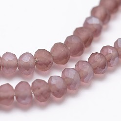 Rosy Brown Half Rainbow Plated Faceted Rondelle Glass Bead Strands, Frosted, Rosy Brown, 2.8~3x2mm, Hole: 0.8mm, about 200pcs/strand, 15.1 inch