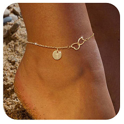 Letter T Латунные двойные сердечки плоские круглые инициалы браслеты на ногу для женщин, золотые, Письмо T, 9-1/8 дюйм (230 мм)