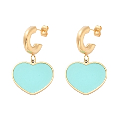 Бирюза Ионное покрытие (ip) 304 серьги-гвоздики в форме сердца из нержавеющей стали, с эмалью для женщин, реальный 18 k позолоченный, бирюзовые, 40x23.5 мм
