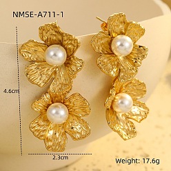 Цветок 304 из нержавеющей стали болтаться серьги, с пластиковой жемчужины, золотые, цветок, 46x23 мм