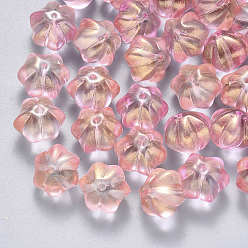 Pink Transparent Spray Painted Glass Beads, with Glitter Powder, Flower, Pink, 10.5x9.5x8mm, Hole: 1mm