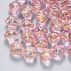 Pink Perles de verre peintes par pulvérisation transparent, avec de la poudre de paillettes, fleur, rose, 10.5x9.5x8mm, Trou: 1mm
