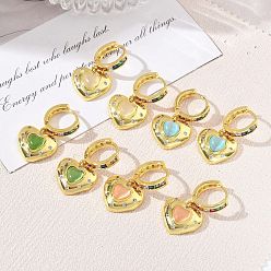 Golden Brass Micro Pave Cubic Zirconia and Cat Eye Beads Heart Hoop Dangle Earrings, Rack Plating, Long-Lasting Plated, Cadmium Free & Lead Free, Golden, 27.5x15.5mm