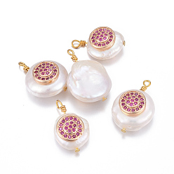 Темно-Розовый Подвески из натурального пресноводного жемчуга, с латунными микро проложить кубических выводы циркония, наггетсы с плоской круглой, золотые, темно-розовыми, 17~26x11~16x5~11 мм, отверстие : 1.6~2 мм