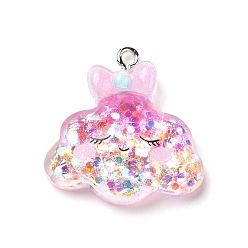 Cloud Прозрачные смоляные подвески, с платиновой железной фурнитурой и пайетками, облако с бантом, 25x24.5x7 мм, отверстие : 1.8 мм