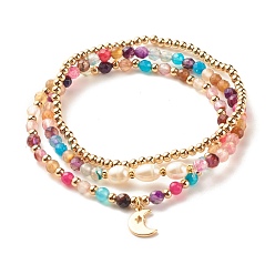 Colorful 3Pcs Natural Agate & Pearl Beaded Stretch Bracelets Set, Brass Moon Charm Bracelets for Women, Colorful, Inner Diameter:  2-1/8~2-1/4 inch(5.5~5.6cm)