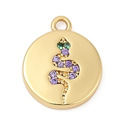 Лиловый Латунные микро проложить кубического циркония прелести, плоский круг с рисунком змеи, без кадмия и без свинца, долговечный, стойки покрытие, реальный 18 k позолоченный, сирень, 12x10x2 мм, отверстие : 1.2 мм