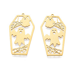 Настоящее золото 18K Хэллоуин 201 из нержавеющей стали подвески, лазерная резка, гроб с призраком, реальный 18 k позолоченный, 45x24x1 мм, отверстие : 1.5 мм