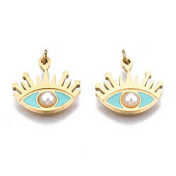 Бледно-бирюзовый 316 хирургические брелоки из нержавеющей стали с эмалью, с прыжковыми кольцами и бусиной из искусственного жемчуга из абс-пластика, реальный 14 k позолоченный, глаз, бледные бирюзовая, 11x12x1 мм, прыжковое кольцо: 2.7x0.4 м, 1.9 мм внутренним диаметром