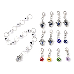 (52) Непрозрачная лаванда Наборы счетчиков цепочек для вязания рядов и маркеров для запирания петель, со смолой и лэмпворком от сглаза, рука из сплава хамса, разноцветные, 2.8~26 см, 13 шт / комплект