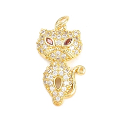 Cat Shape Латунные микропаве прозрачные подвески с фианитом, долговечный, стойки покрытие, без свинца и без кадмия, реальный 18 k позолоченный, форма кошки, 24.5x14.5x5 мм, отверстие : 3.5 мм