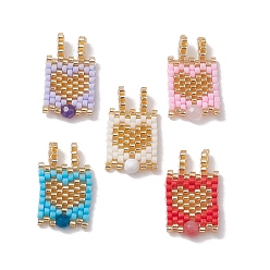 Heart Glass Seed Beaded Pendants, with Natural Gemstone Beads, Rectangle, Heart, 25x15x4mm, Hole: 3mm