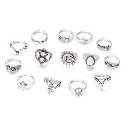 Antique Silver 14Pcs 14 Style Rhinestone Finger Rings Set, Flower & Leaf & Moon & Crown Alloy Stackable Rings for Women, Antique Silver, Inner Diameter: 16~20mm, 1Pc/style