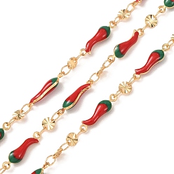 Golden Brass Enamel Chain, Hot Pepper & Flat Round, Soldered, with Spool, Golden, 15.5x4x3mm