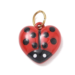 Ladybug Valentine's Day 304 Stainless Steel Enamel Pendants, Heart Charms, Golden, Ladybug Charms, 14.5x14x5mm, Hole: 4.5mm