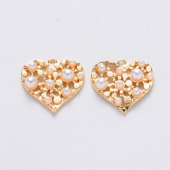 Chapado en Oro Real 18K Colgantes de latón, con abs de plástico imitación perla, sin níquel, corazón, real 18 k chapado en oro, 15x16x4 mm, agujero: 1 mm