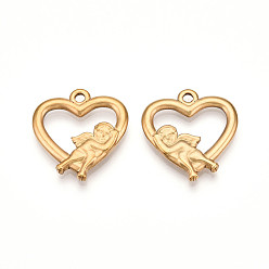 Настоящее золото 18K 304 подвески из нержавеющей стали, ионное покрытие (ip), сердце с ангельскими подвесками, реальный 18 k позолоченный, 23x22x3 мм, отверстие : 2 мм