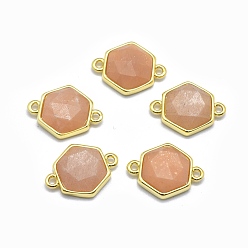 Sunstone Natural Sunstone Links connectors, with Golden Tone Brass Findings, Hexagon, Faceted, 12x16x5mm, Hole: 1.2mm